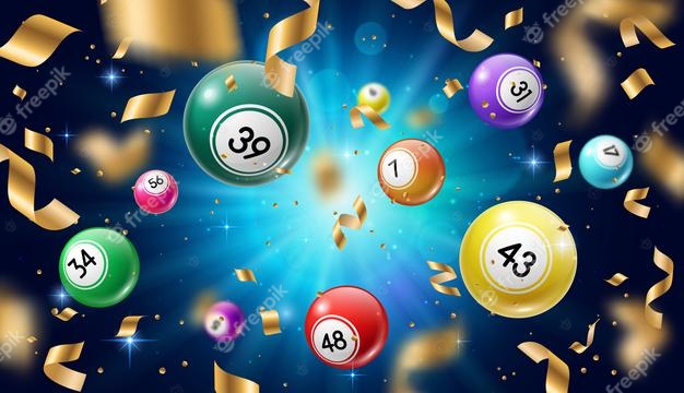 Flygende bingo baller i flere farger og gull konfetti på blå bakgrunn